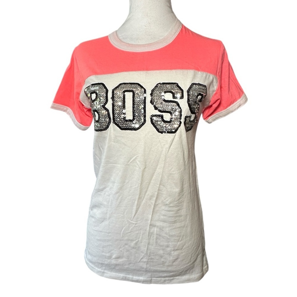 On fire logo BOSS Women's Pink and White Short Sleeve Tee medium